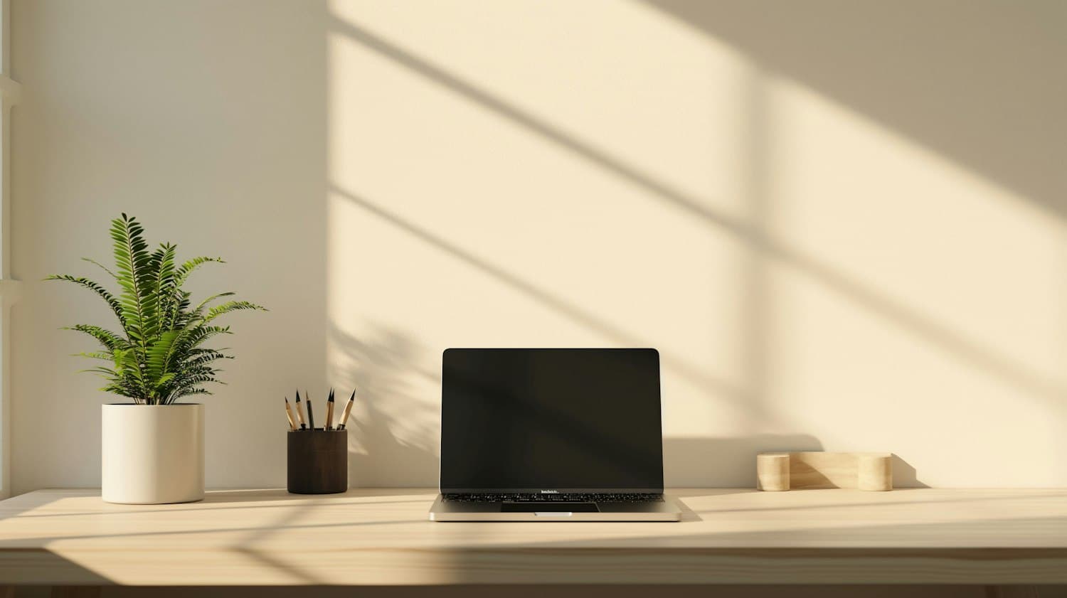 Heller Arbeitsplatz mit Laptop und Pflanze im Sonnenlicht